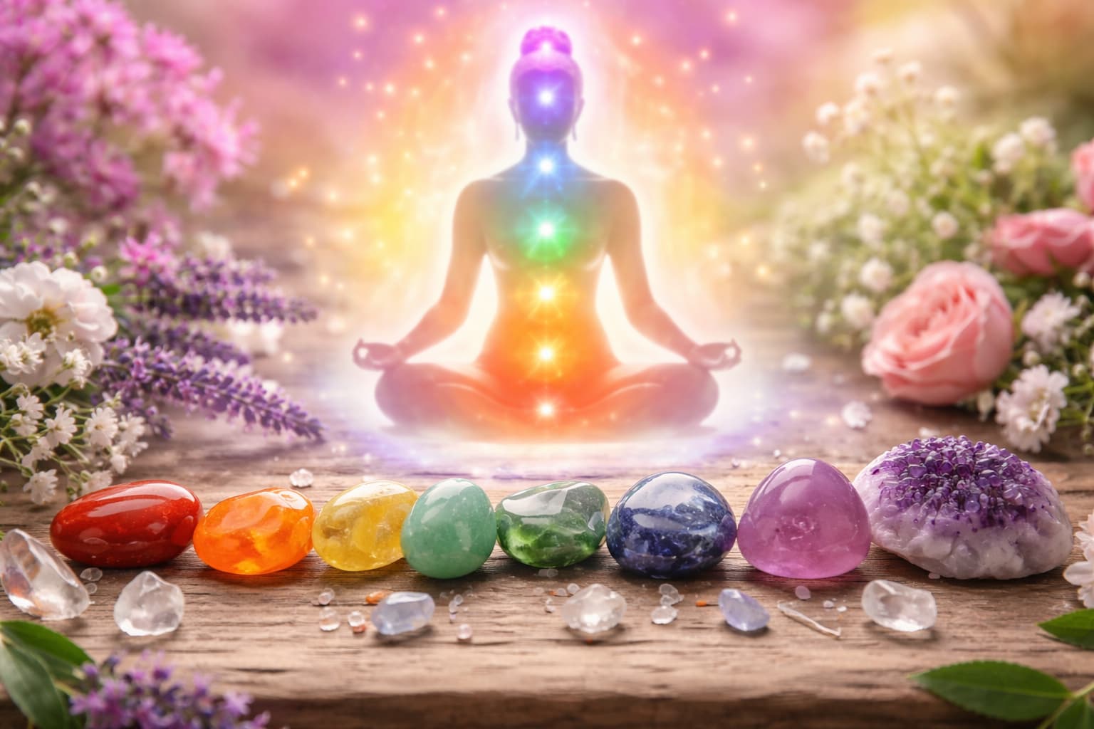 Meditující postava se sedmi zářícími čakrami symbolizující harmonii těla, mysli a duše