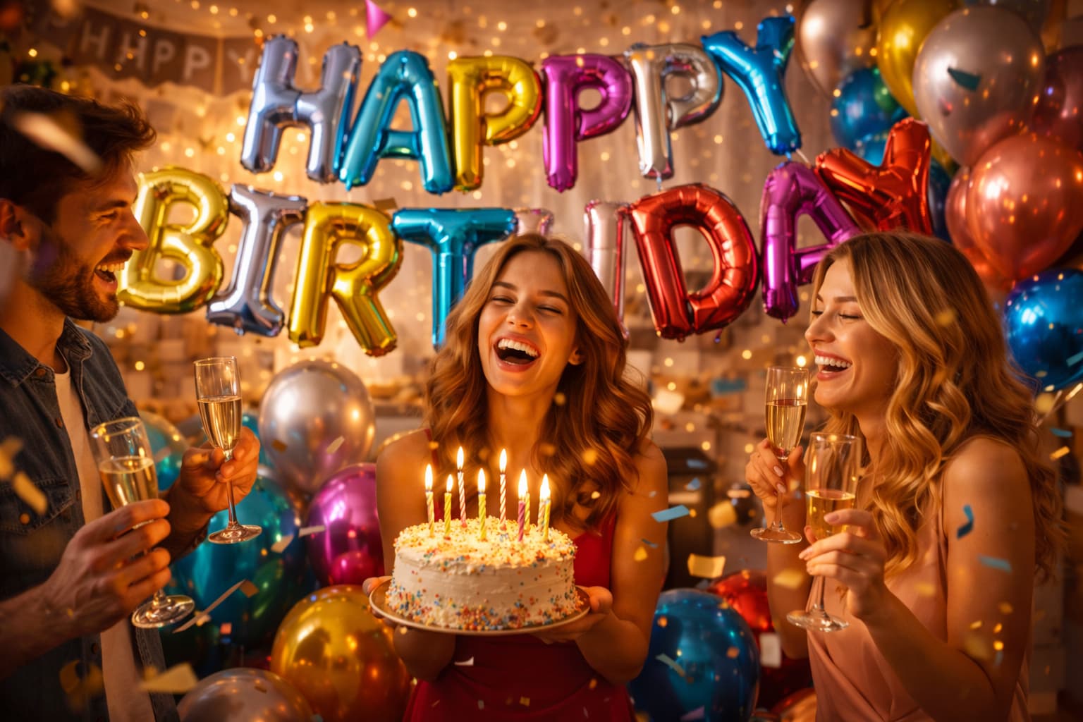 Narozeninová oslava s metalickými balónky a nápisem Happy Birthday, oslavenec s dortem a přáteli