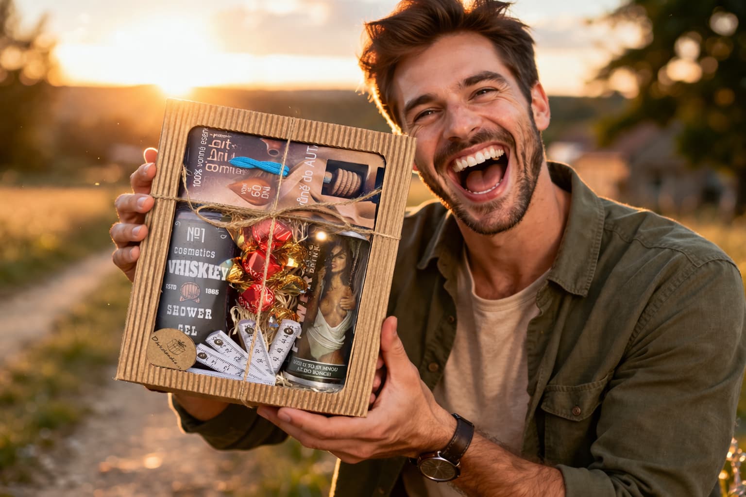 Dárkový balíček pro dobrou náladu s vtipnými předměty jako čokoláda, sprchový gel a originální doplňky