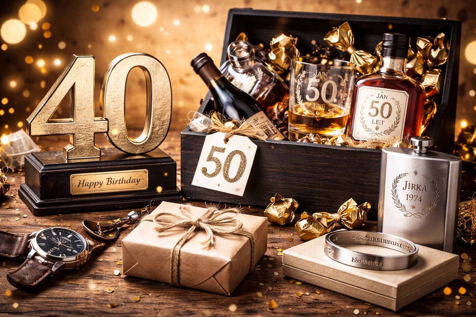 Originální dárek k 40. a 50. narozeninám – narozeninová trofej s číslem 40 a personalizovaný dárkový box k jubileu