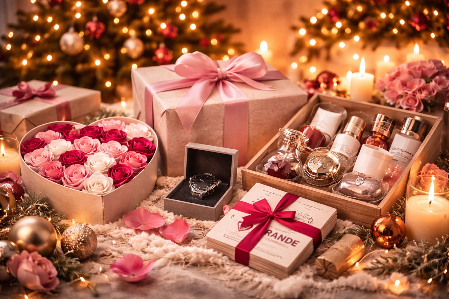Vánoční dárek pro přítelkyni – romanticky zabalené dárky, mýdlové růže, šperk a kosmetický box u vánočního stromku.