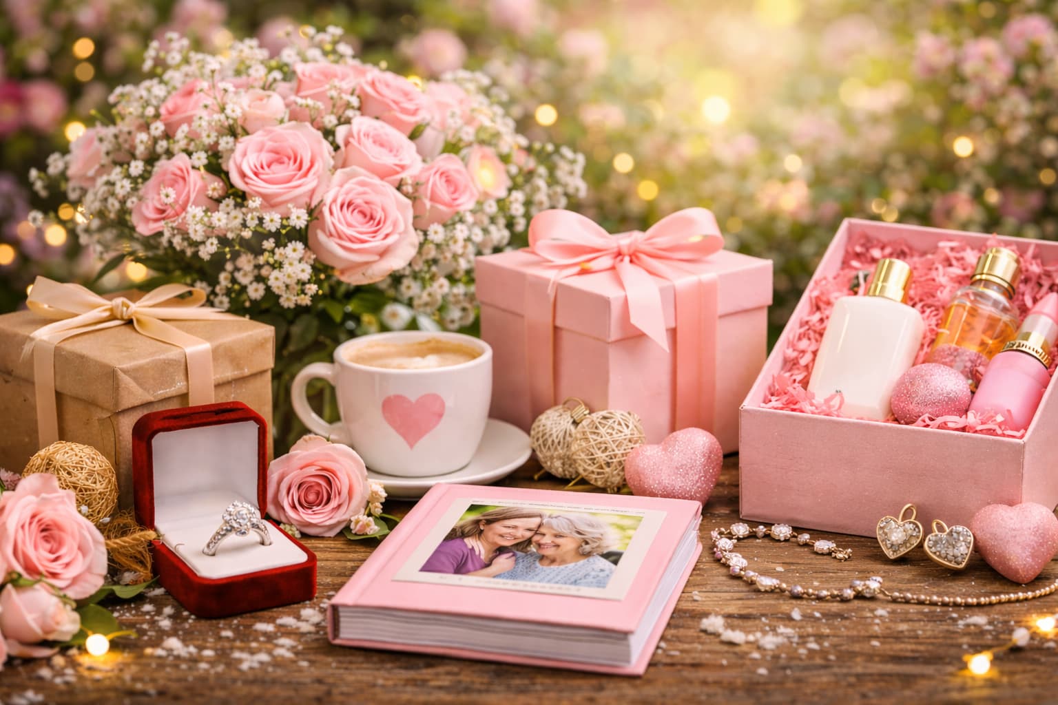 Dárky ke Dni matek – růžové květiny, šperk, kosmetický balíček a zabalené dárky na dřevěném stole v jarní atmosféře.