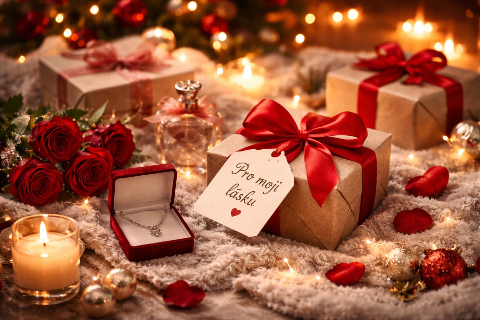 Romanticky zabalené vánoční dárky pro partnerku s červenou mašlí, šperkem, parfémem a svíčkami v teplé sváteční atmosféře.