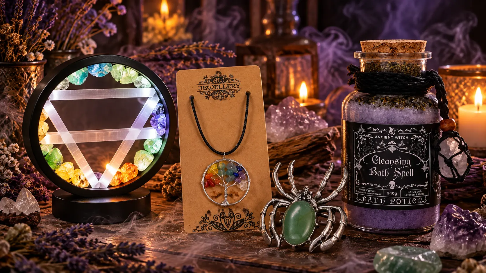 Magické vánoční dárky s přírodními kameny, minerálními šperky a svíčkou