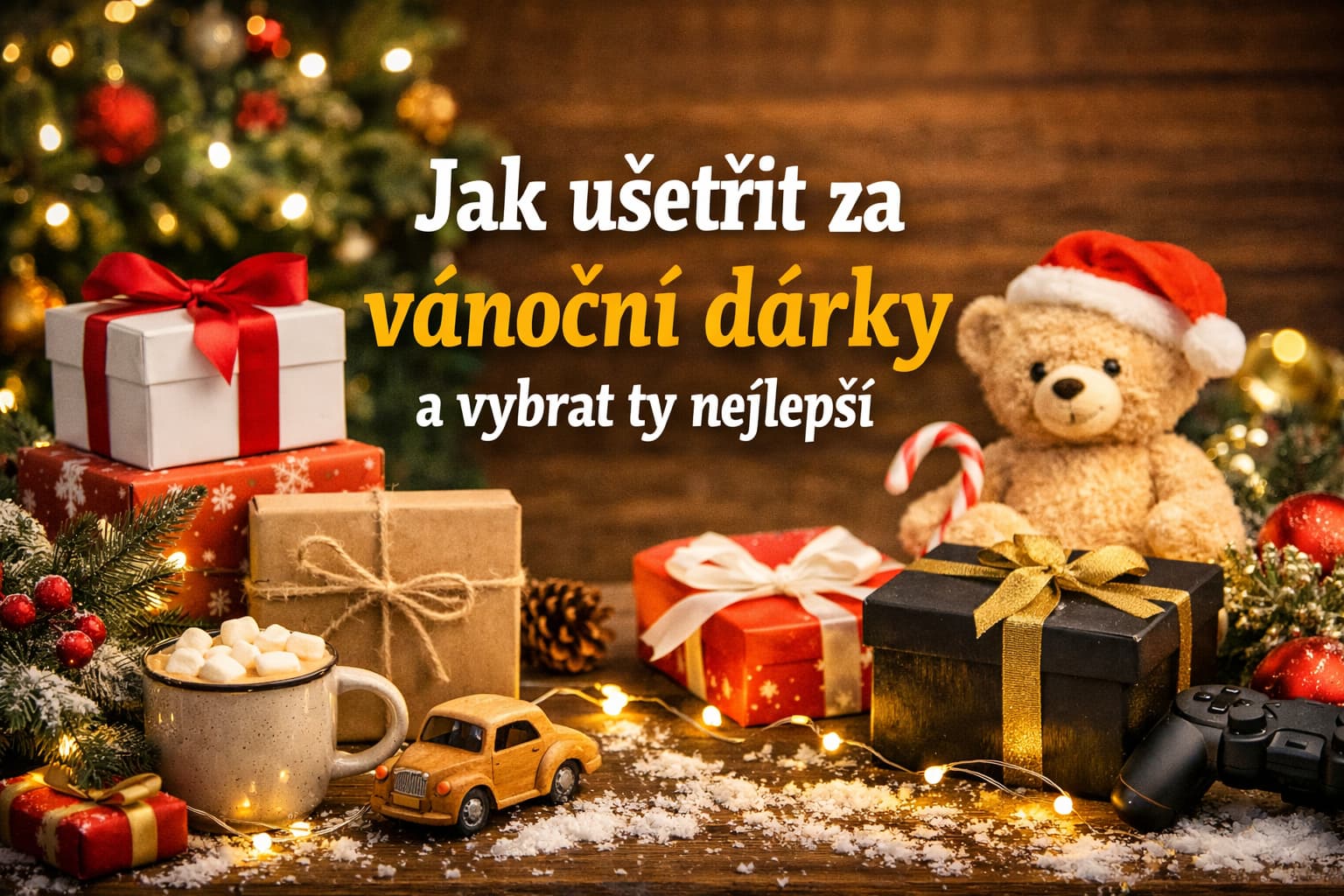 Vánoční dárky pod stromečkem – zabalené krabičky, medvídek, hrnek s marshmallow a světýlka, téma jak ušetřit za vánoční dárky.