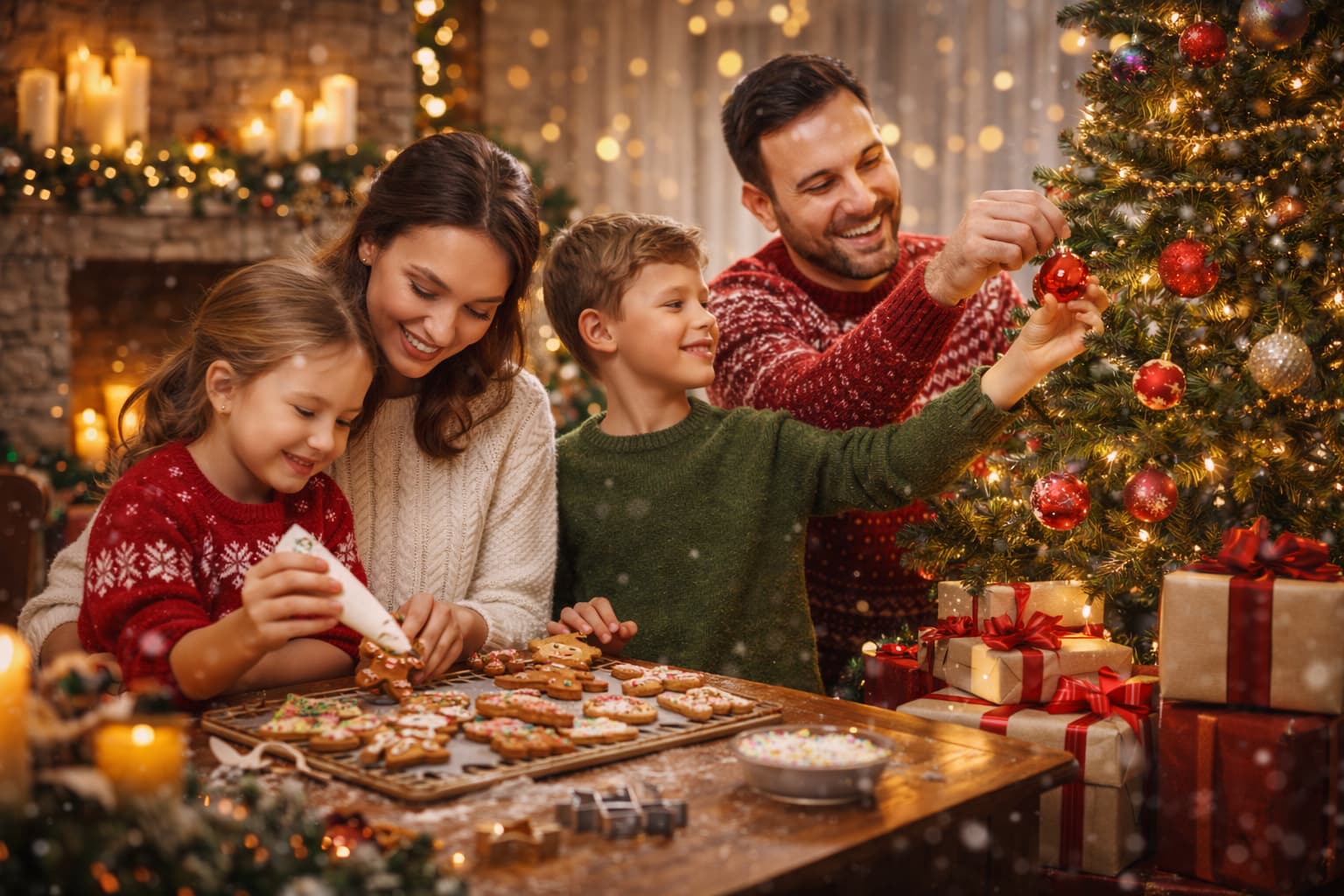 Rodina společně zdobí vánoční stromek a připravuje tradiční Vánoce plné radosti a rodinné pohody.