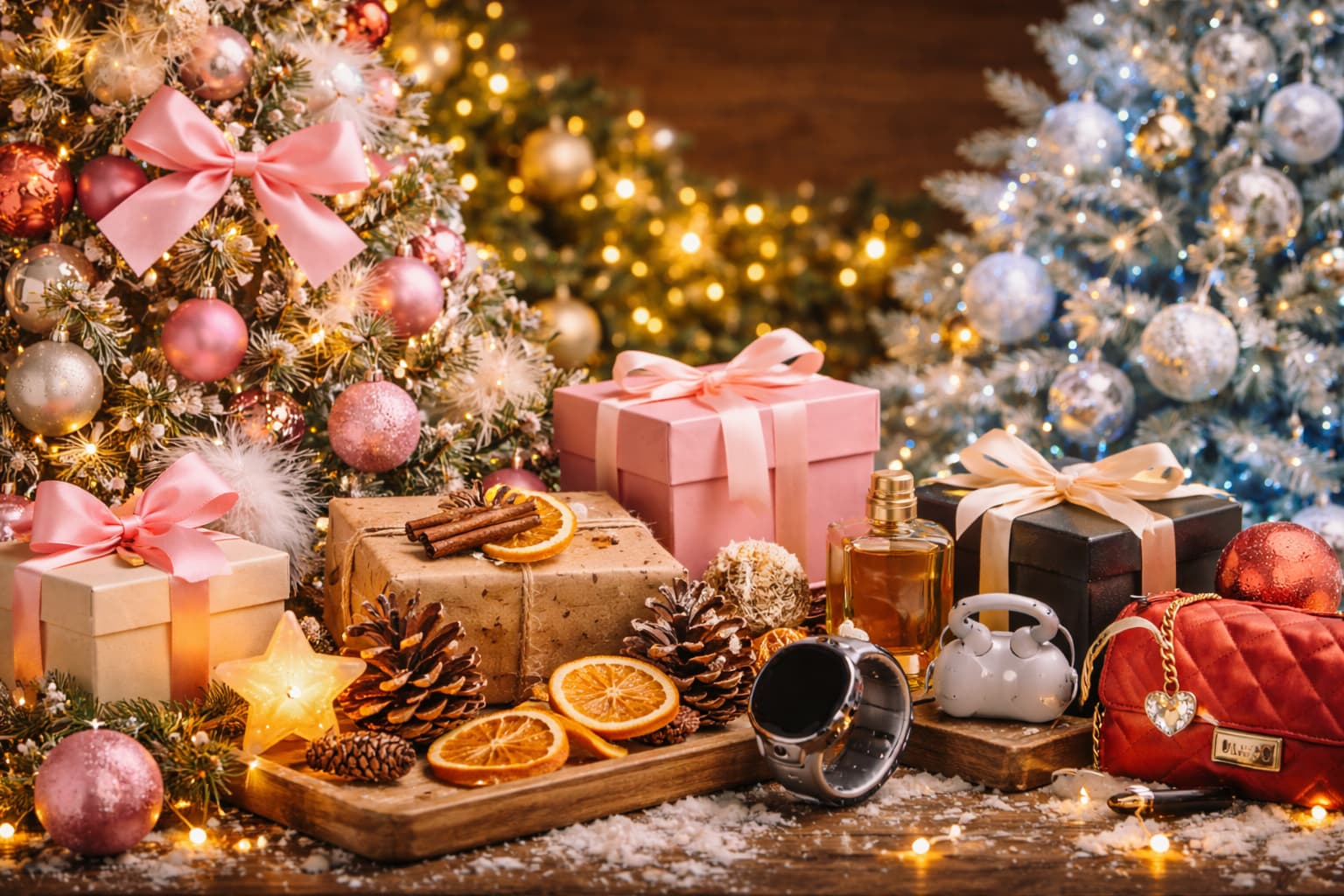 Vánoční trendy v dekoracích – růžové, zlaté a modrostříbrné ozdoby, stylová vánoční výzdoba interiéru a inspirace na moderní Vánoce.