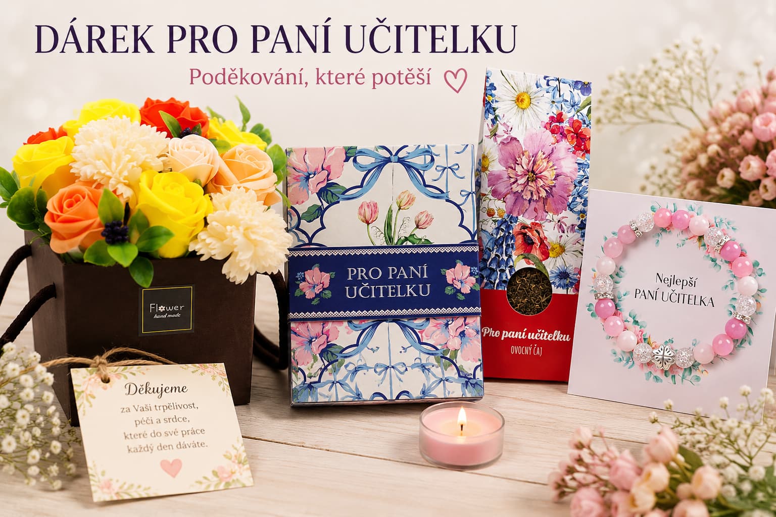 dárky pro učitelku, dárkový čaj, mýdlové květy poděkování na konci školního roku