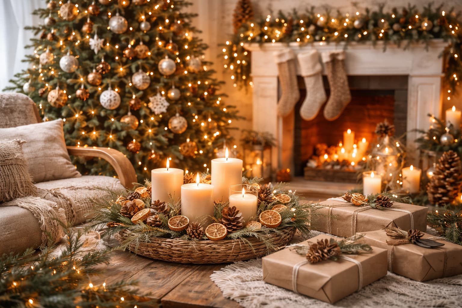 Severská vánoční výzdoba v přírodních tónech – krémové svíčky, šišky, sušené pomeranče a stromeček u krbu.