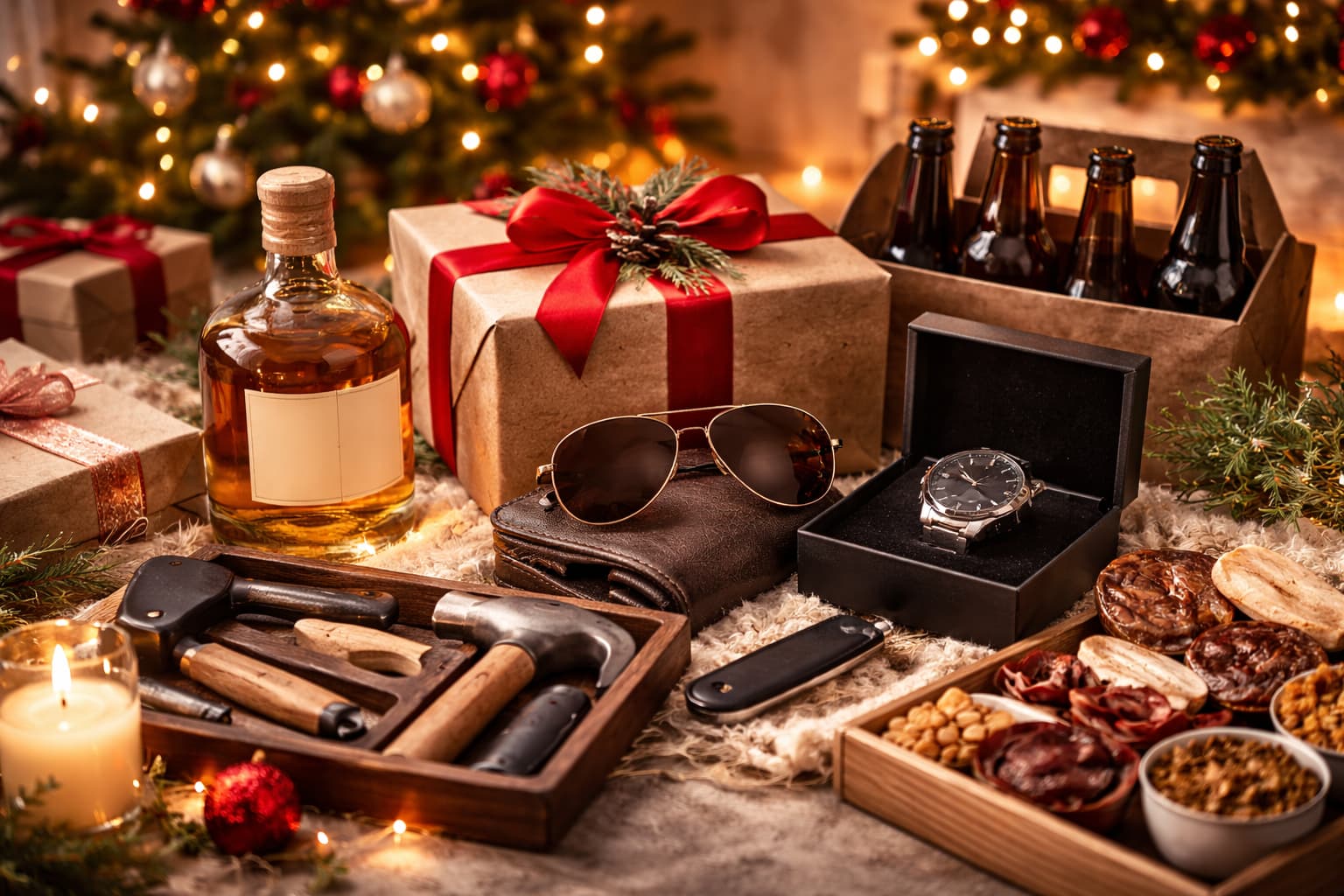 Vánoční dárek pro tatínka – radost z rozbalování dárku u vánočního stromku.