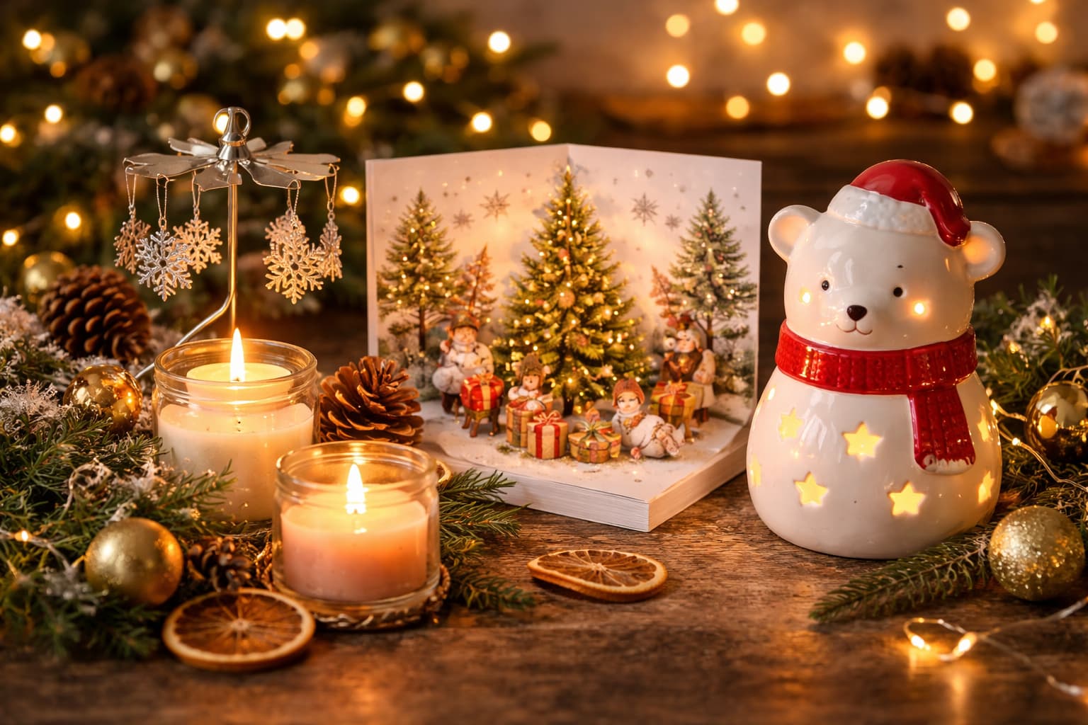 vánoční dekorace se svíčkami, aroma lampou medvídek a 3D vánočním přáním na dřevěném stole se světýlky