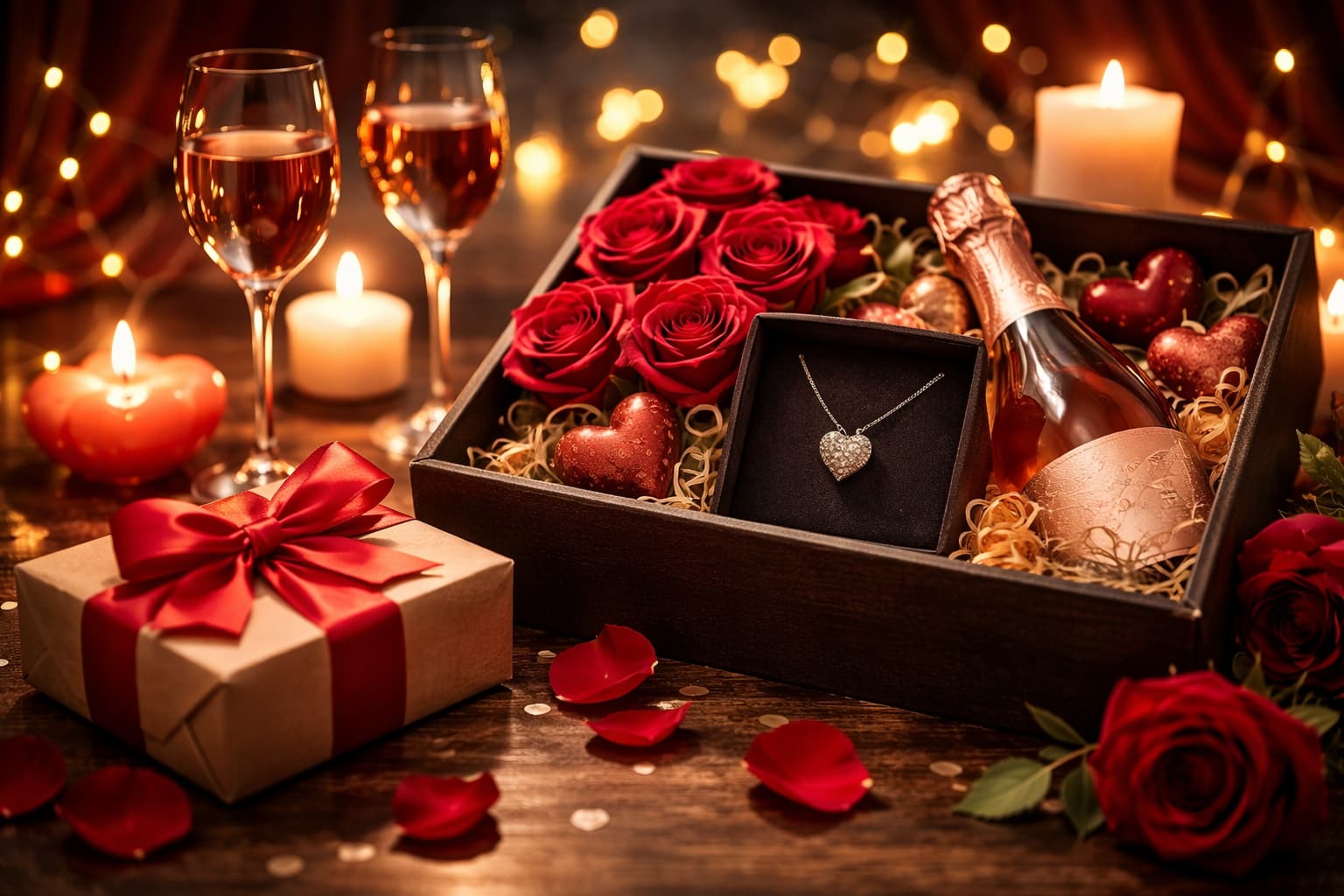 valentýnské dárky na stole, lahev, srdíčka, růže