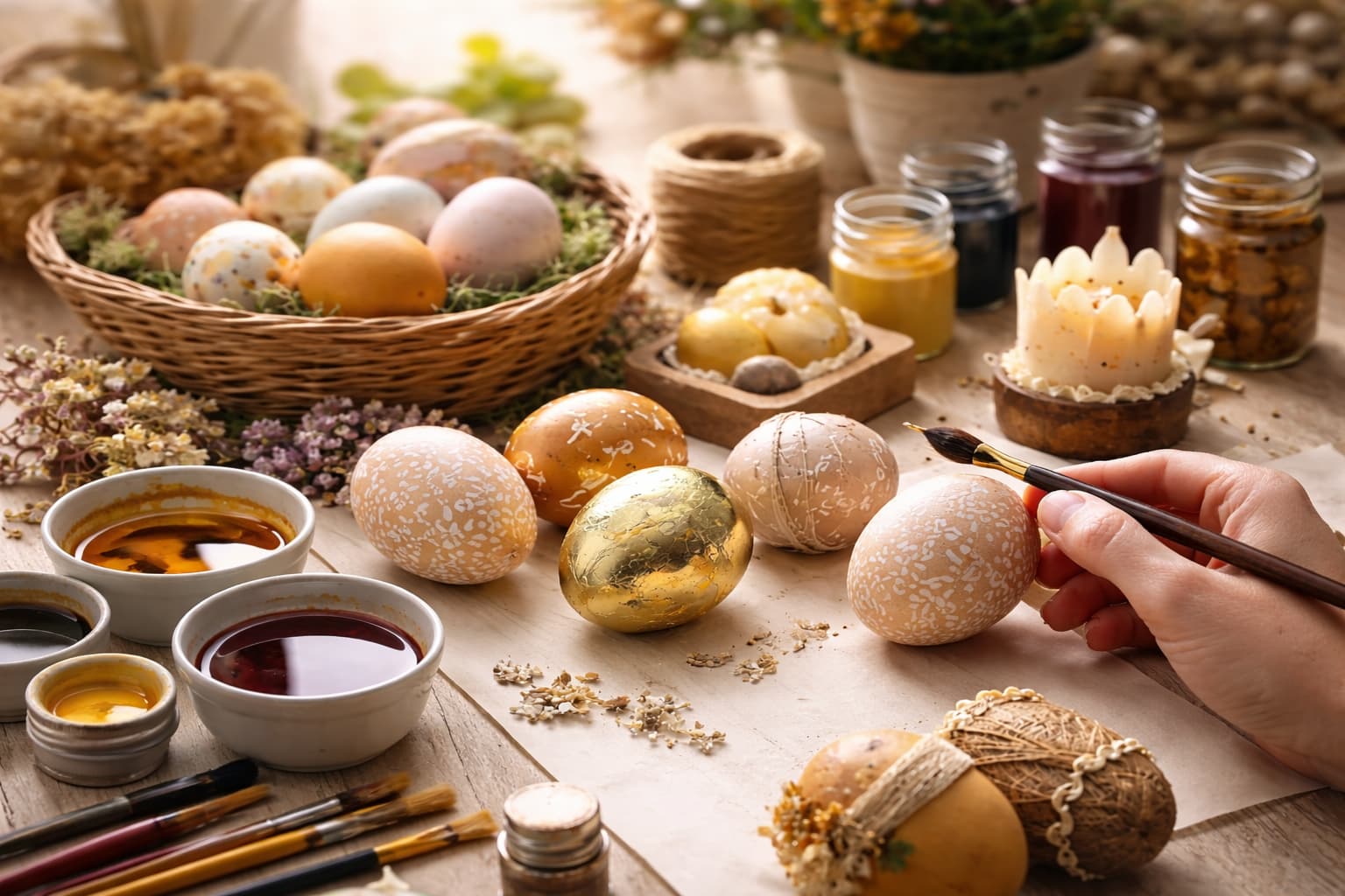 Stylově zdobené velikonoční kraslice v pastelových barvách jako inspirace pro jarní dekorace.