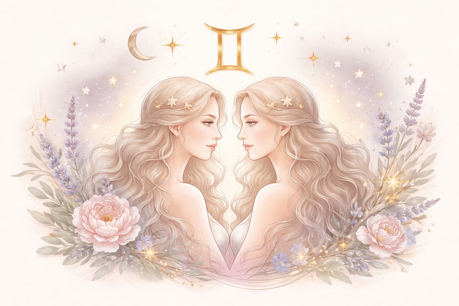 znamení Blíženci – jemná astrologická ilustrace symbolizující osobnost, lásku a vztahy Blíženců