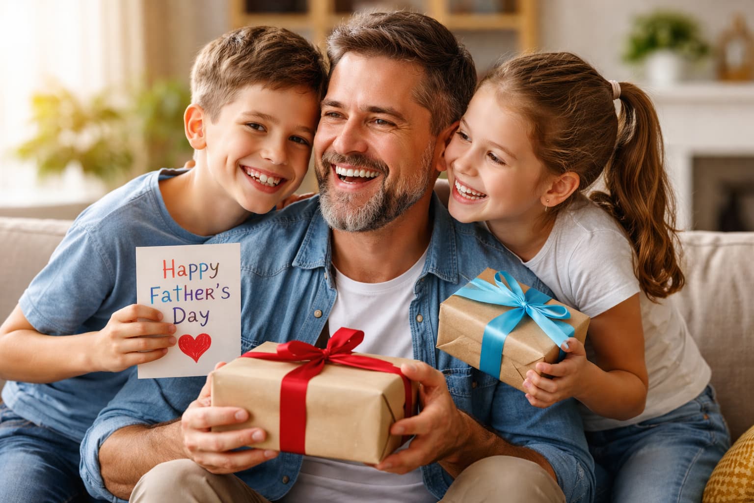 tatínek přijímající dárek ke Dni otců – radost, vděčnost a rodinná atmosféra při oslavě