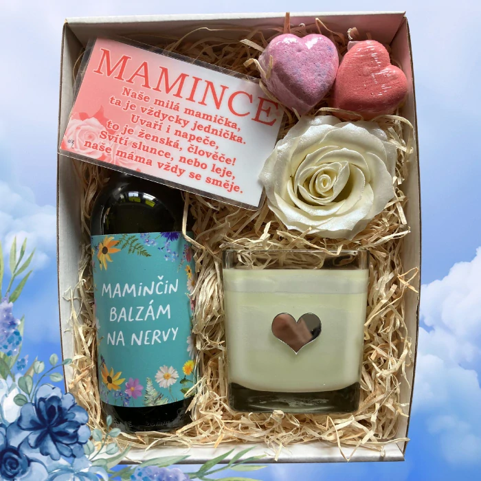 3180 Dárkový balíček pro maminku – mini víno, sojová svíčka a koupelové překvapení