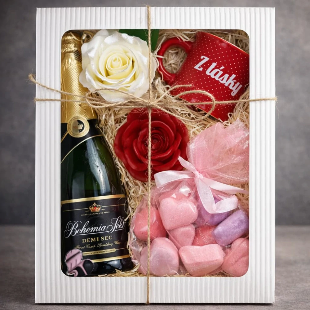 3488 Dárkový balíček z lásky – mini Bohemia Sekt, espresso hrníček a koupelová romantika