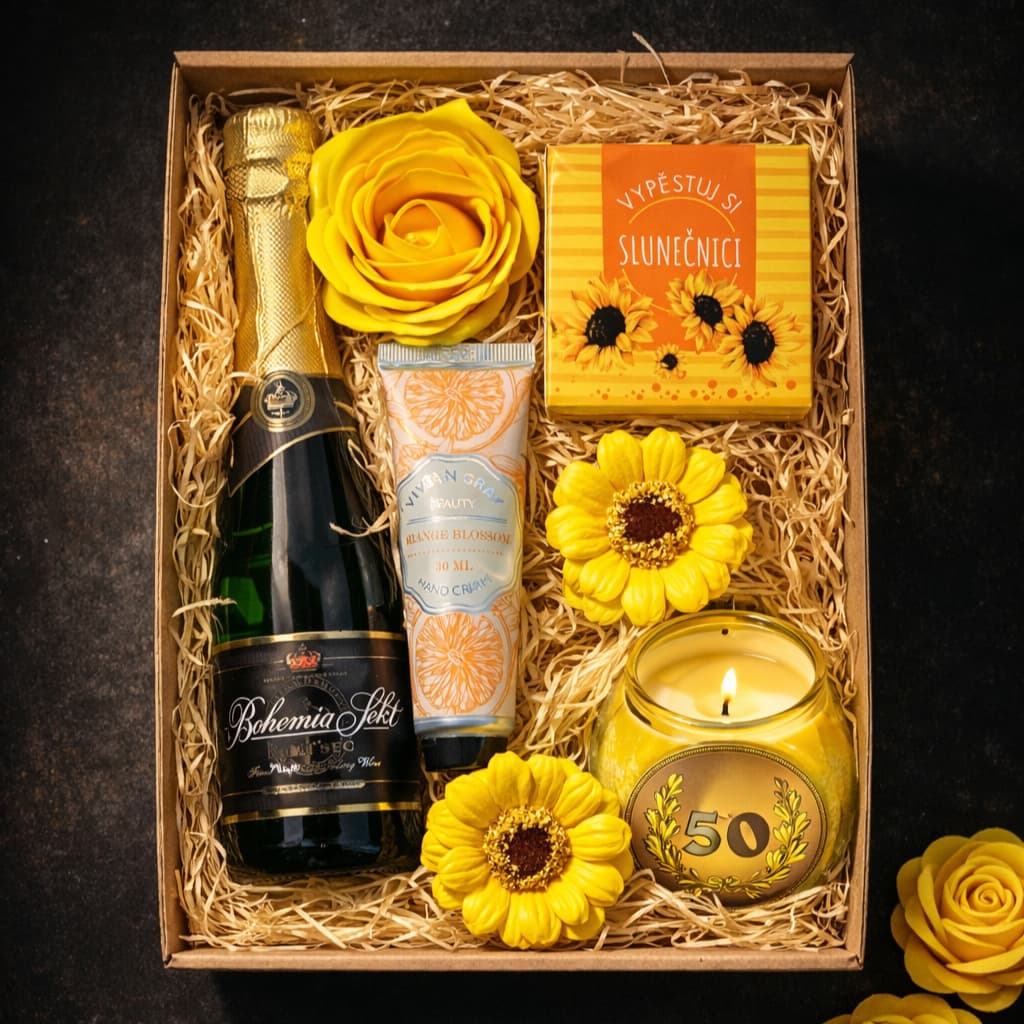3083 Dárkový balíček k 50. narozeninám pro ženu – sekt, svíčka a květiny