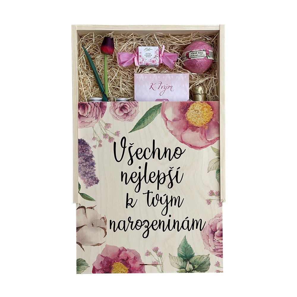 4114 Dárková bedna XXL k narozeninám pro ženu – růže, wellness, čokoláda a šumivé víno