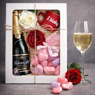 3488 Dárkový balíček z lásky – mini Bohemia Sekt, espresso hrníček a koupelová romantika