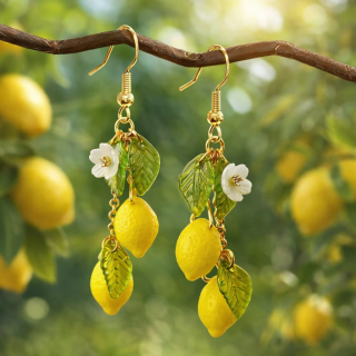 3314 Náušnice citrony visací 5 cm – letní ovocné s květy