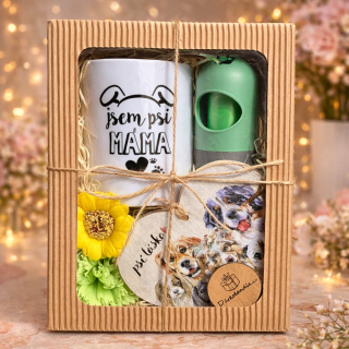 3458 Dárkový balíček pro psí mámu – hrnek „Jsem psí máma“, doplňky pro pejskaře