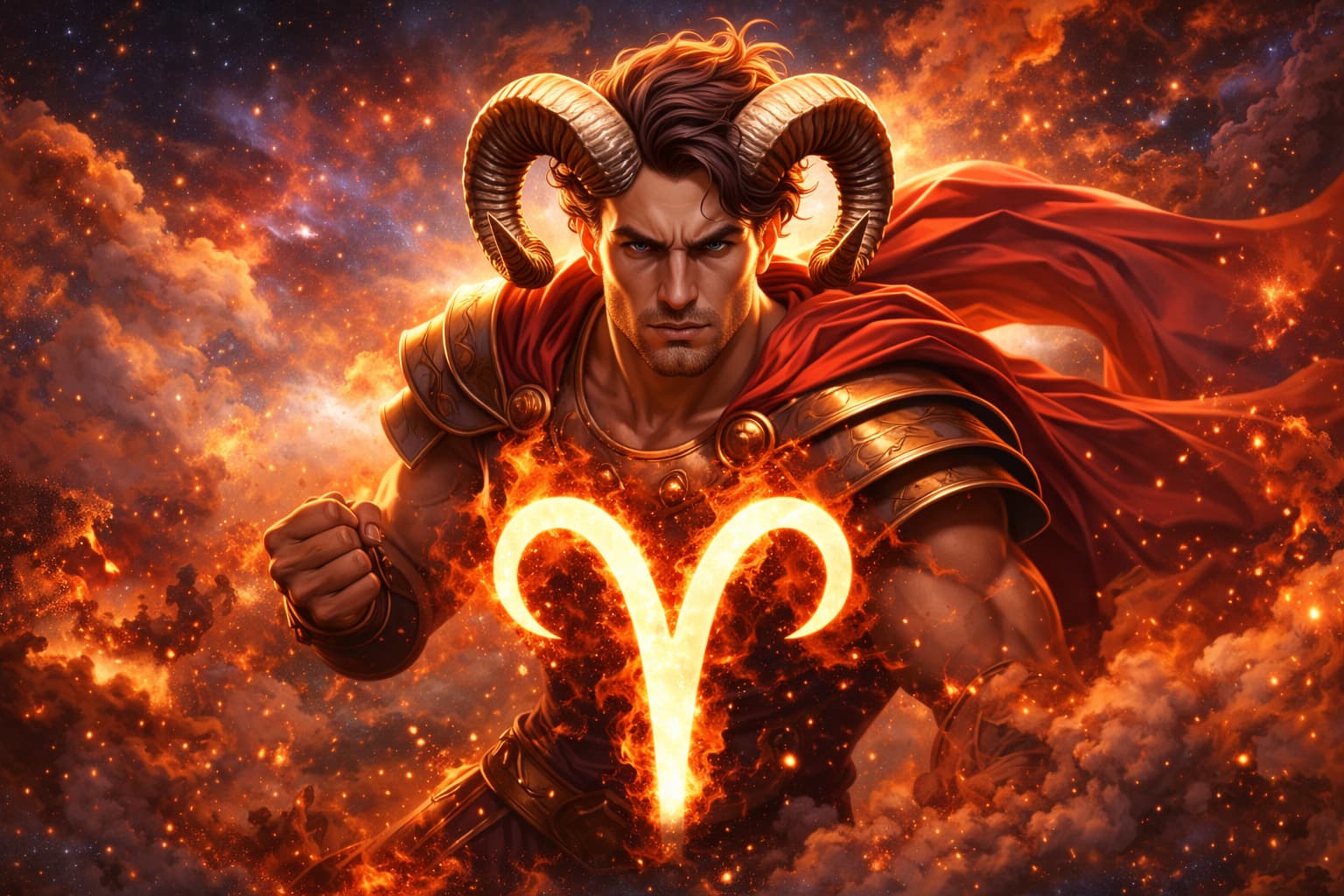 znamení Beran – dynamická astrologická ilustrace symbolizující energii, odvahu a silnou osobnost Berana