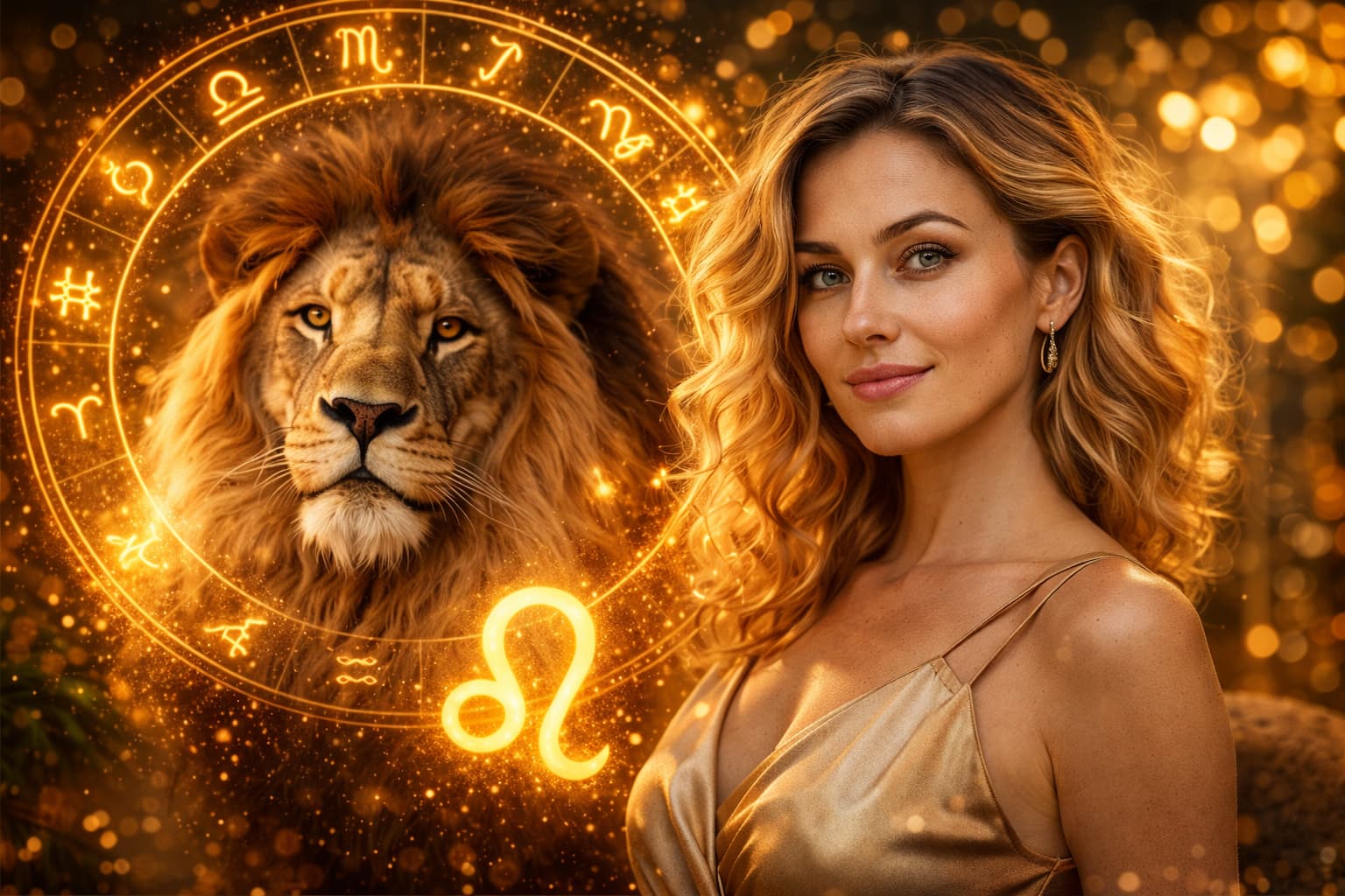 Sebevědomá žena se lví energií, symbol znamení Lev, charisma a vnitřní síla osobnosti.