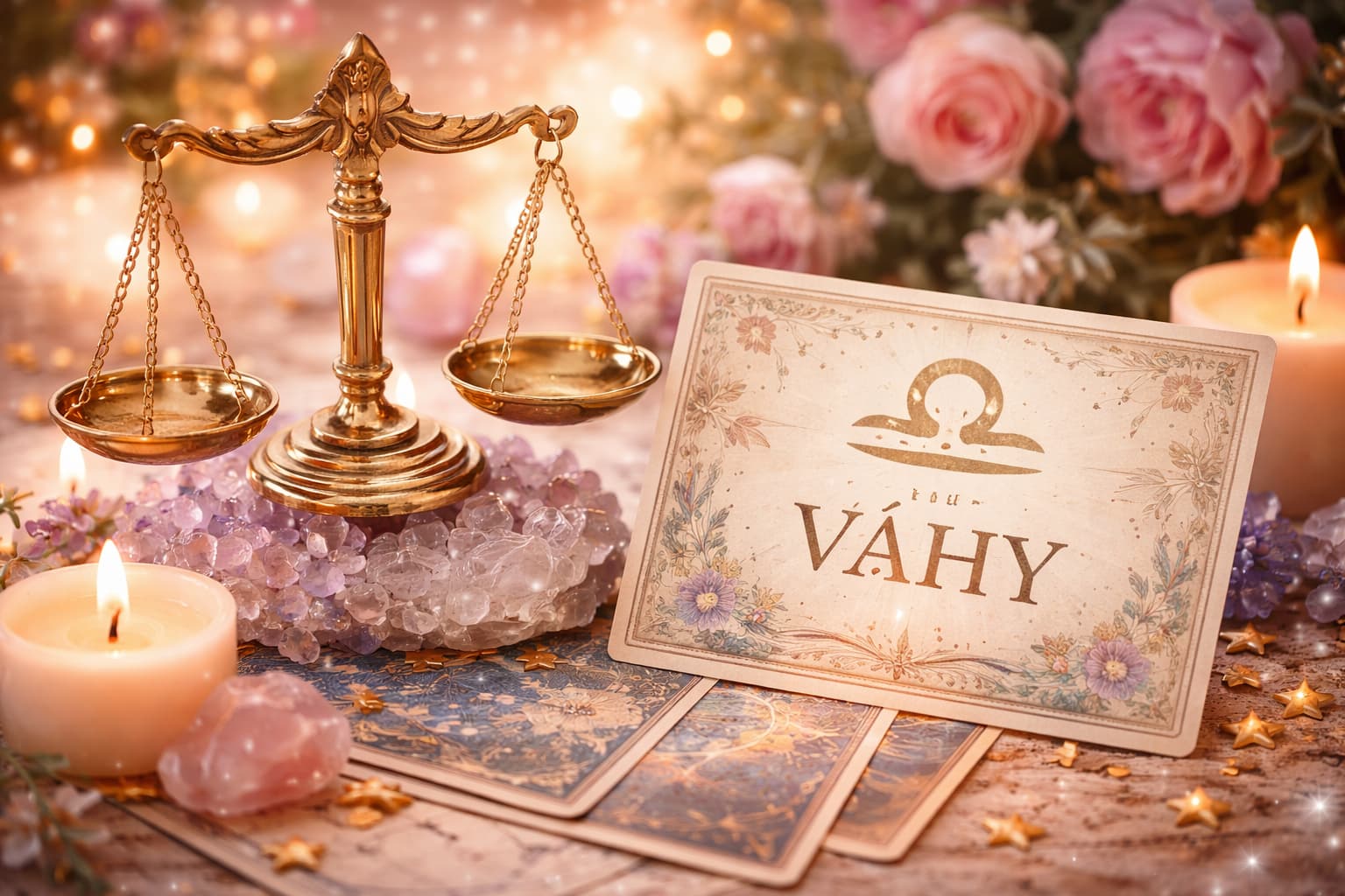Znamení Váhy – symbol vah, svíčky, růženín a astrologické karty, harmonická a elegantní atmosféra spojená s povahou Vah.